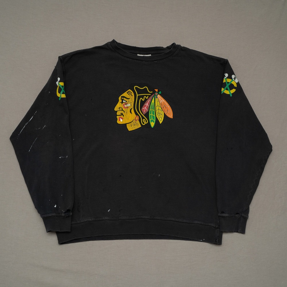 2000s Y2k‎ Chicago Blackhawks Sweatshirt Black Distressed Paint Splatter Medium